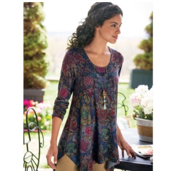 Soft Surroundings Floral Scoop Neck Handkerchief Hem Long Tunic Paisley Size 3X - Picture 5 of 12